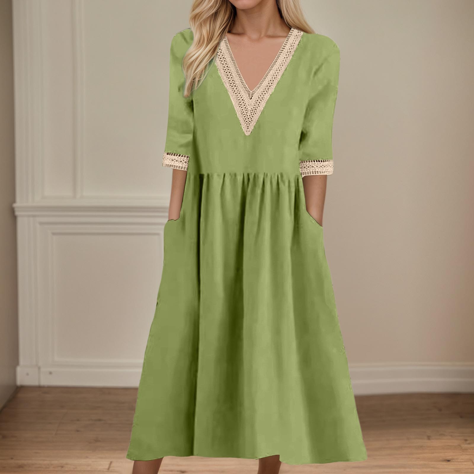 thumbnail image 2 of Vestido largo boho para mujer: vestido informal de manga corta con cuello en V, botones y bolsillos, cintura alta, 2 of 5